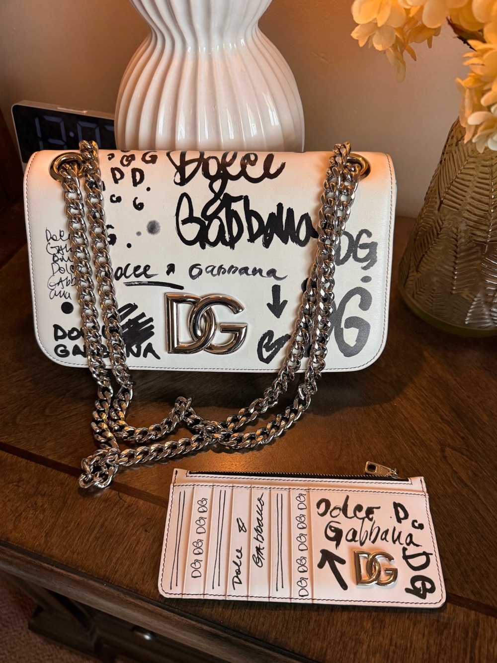 Dolce & Gabbana White Graffiti DG Chain Shoulder Bag with Card Pouch